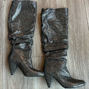 Knee high black beaded boots